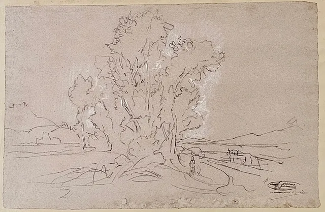 RAMON MARTÍ ALSINA. BOCETO DE PAISAJE. DIBUJO A CARBONCILLO Y CLARIÓN SOBRE PAPEL.