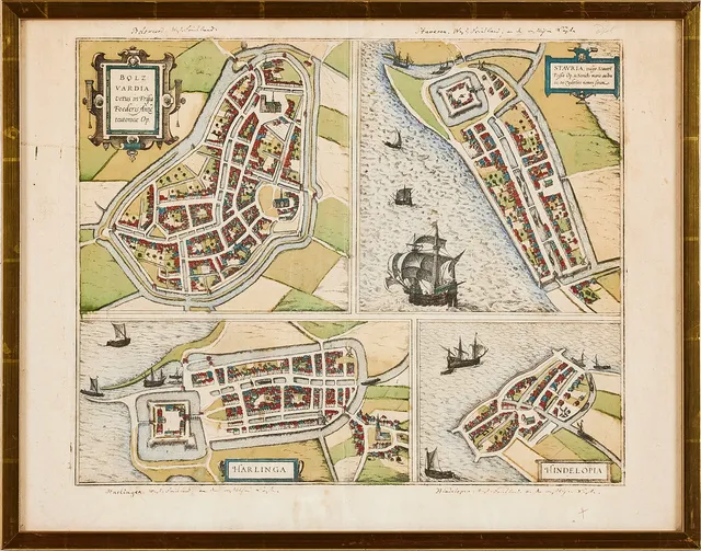 GEORG BRAUN och FRANS HOGENBERG. Kartor över Bolswand, Stavoren, Harlingen och Hindelopen, Frisien, 1600-tal. Kolorerat kopparstick.