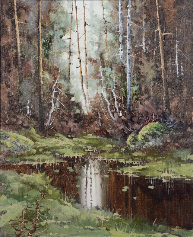 SVEN ERIK LUND. Tjärn i skog, olja på duk, signerad.