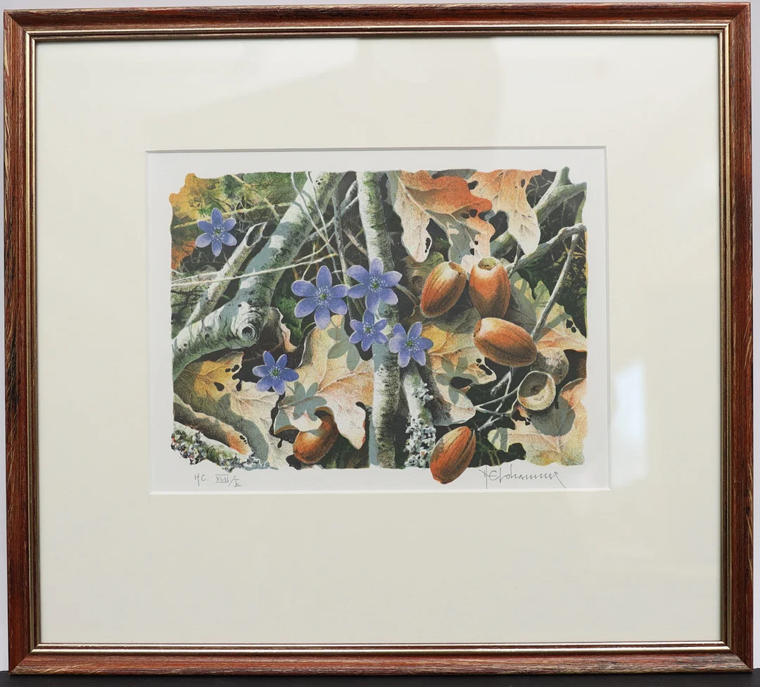 NILS E JOHANSSON. Motiv med blomster, färglitografi, signerad och numrerad. — Engravings & Prints — Falun Auktionsbyrå