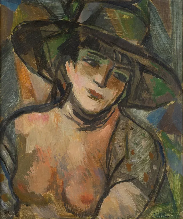 JULES SCHYL. Kvinna med hatt, olja på pannå.