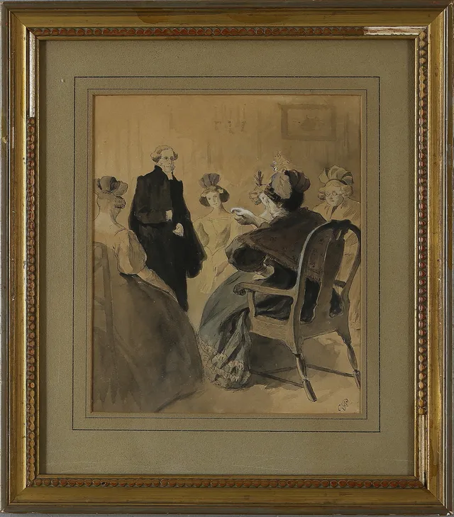GEORG PAULI. Interiör, akvarell, tusch, monogramsignerad.