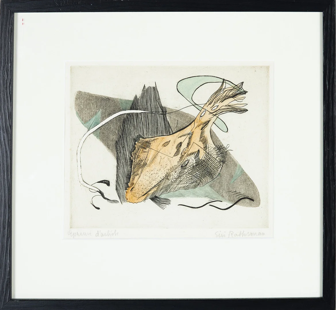 SIRI RATHSMAN. Komposition, handkolorerad etsning, signerad Siri Rathsman och artist d´ epreuve. — Engravings & Prints — Stockholms Auktionsverk Sickla