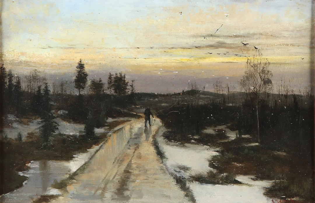ARVID MAURITZ LINDSTRÖM. Oljemålning på duk. Figur i vinterlandskap. Signerad. — Paintings — Skånes Auktionsverk