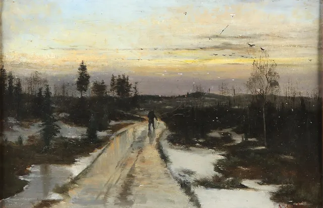 ARVID MAURITZ LINDSTRÖM. Oljemålning på duk. Figur i vinterlandskap. Signerad.