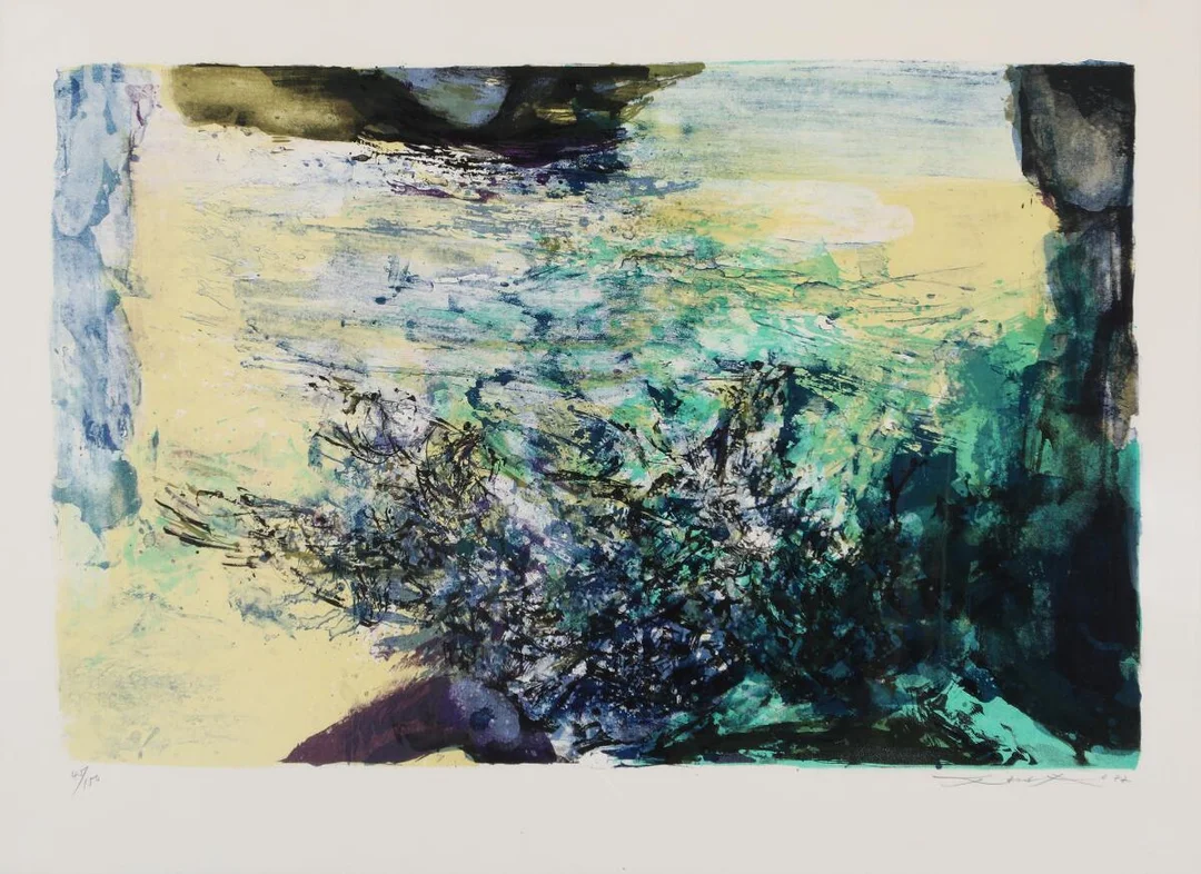 “Lithographie No. 1. 1977”. Signed and dated Zao Wou-Ki 77, 45/150. Lithograph in colours. Sheet size 54.5×75 cm. — Modern Prints/Modern art — Bruun Rasmussen