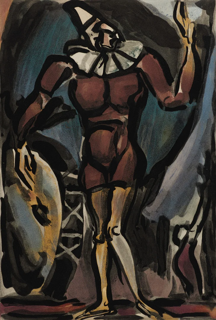 GEORGES ROUAULT. "Le Clown à la grosse caisse" ur serien Cirque, signerad och daterad GR 1930 i plåten, färgakvatint. — Engravings & Prints — Crafoord Auktioner Stockholm