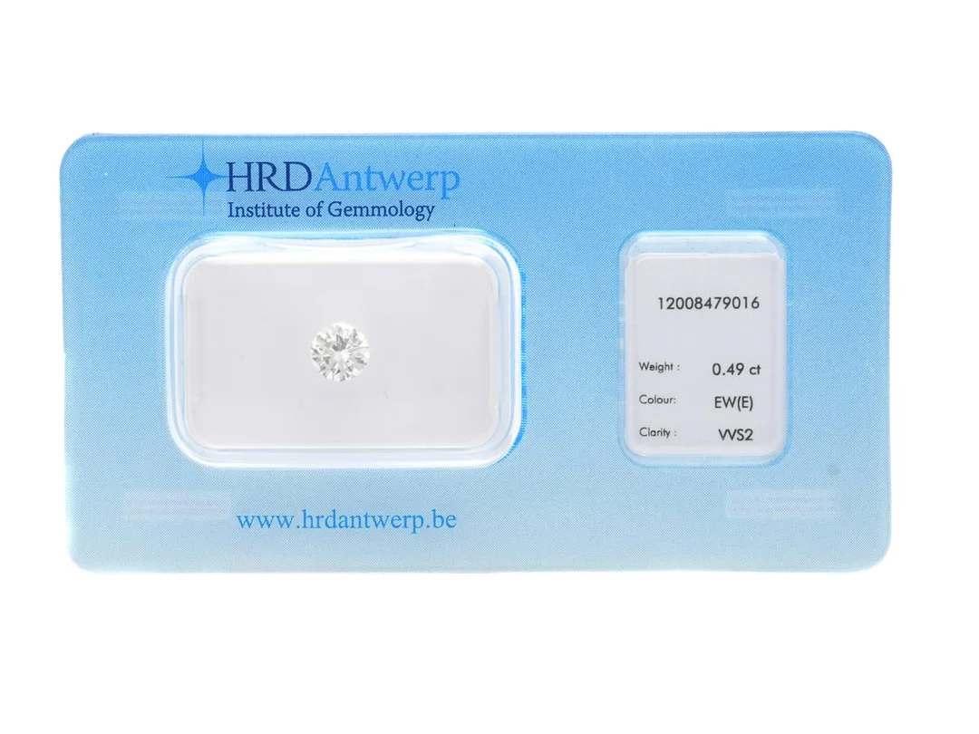 DIAMANT, briljantslipad, 0,49 ct, R(E)/VVS2, HRD certifikat 12008479016, plomberad. — Ädelstenar/Diamanter — Kaplans