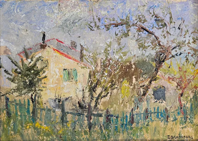 DAGNY SCHÖNBERG. Gården i Provence. Olja på pannå, signerad.