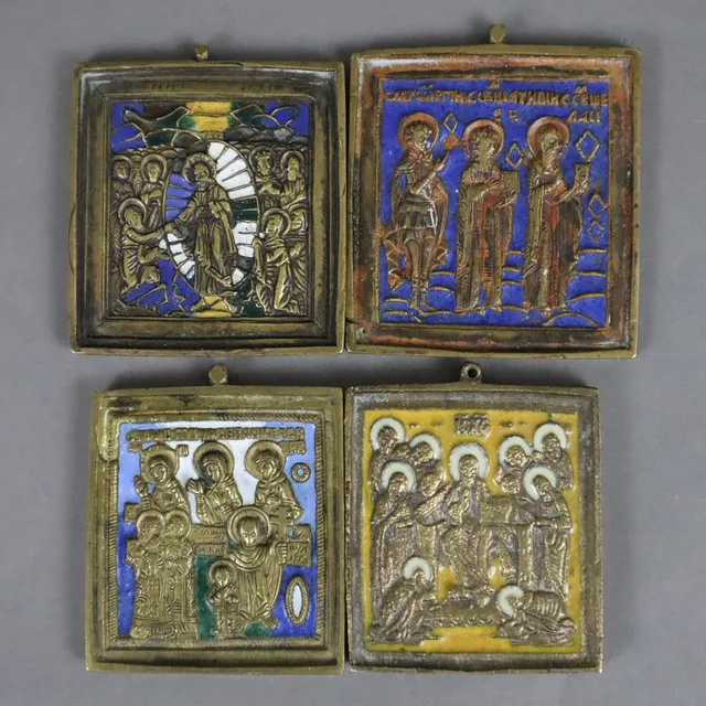 - 4 MINIATURIKONEN - Russland, 19./20.Jh., Gelbguss, farbig emailliert.