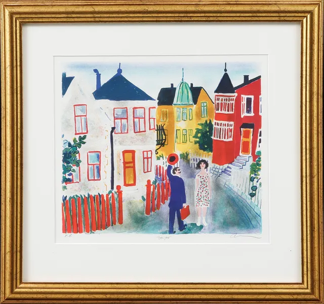 ANDERS HULTMAN. "Bonjour", färglitografi, signerad, E.A.