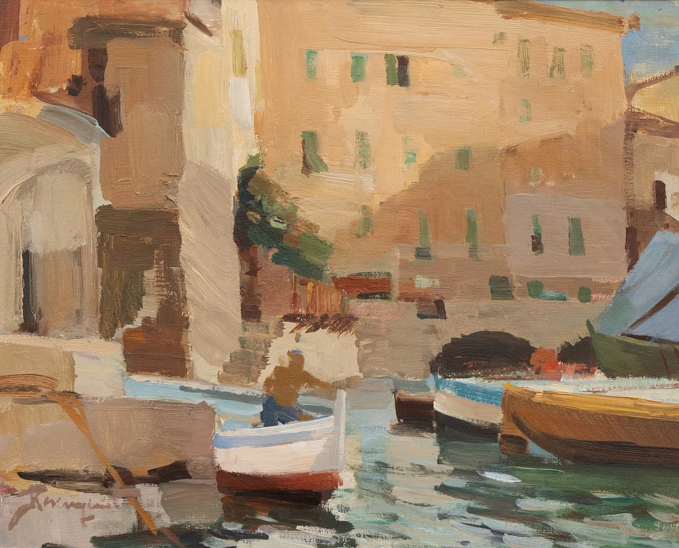 HANS ROSENQVIST (1913-2012). Hamnmotiv, olja på pannå, signerad. — Paintings — Garpenhus Auktioner