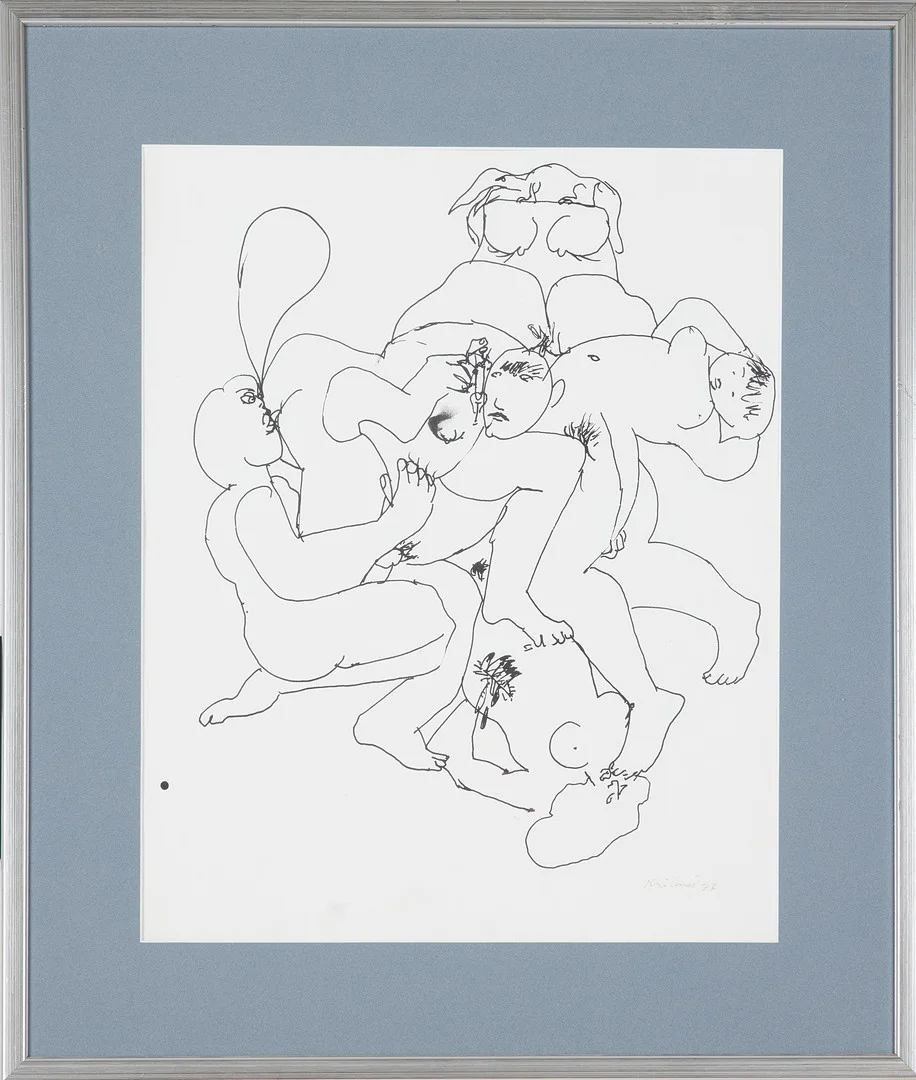GÖSTA KRILAND. Erotisk figurscen, tusch, signerad och daterad 77. — Drawings — Stockholms Auktionsverk Sickla