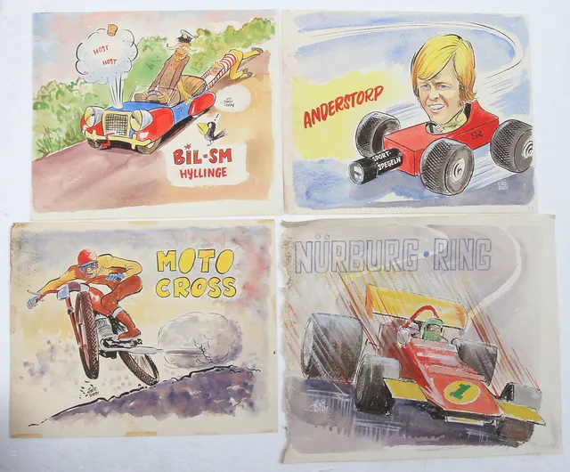 BÖRJE DORCH. 4 st blandtekniker, tema motorsport, signerade.