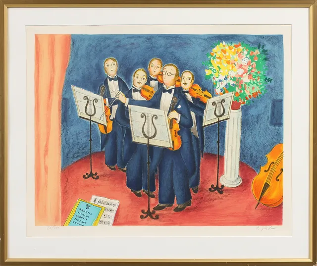 LENNART JIRLOW. Musikanter, färglitografi, signerad och numrerad 73 /300.