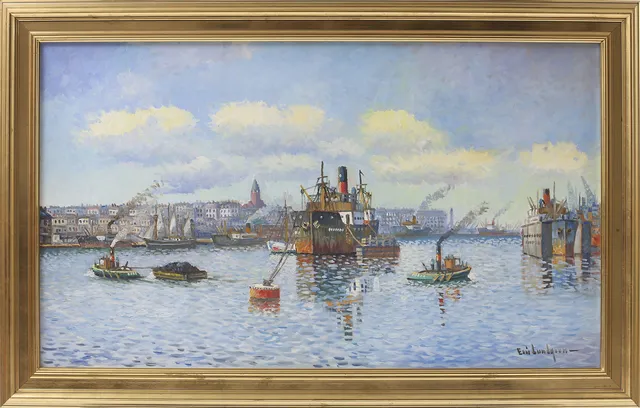 ERIC LUNDGREN. Göteborgs hamn, olja på duk, signerad.