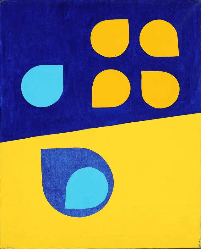 “Deling med former”, 2000. Signed on the reverse. Oil on canvas. 94×73 cm. Unframed.