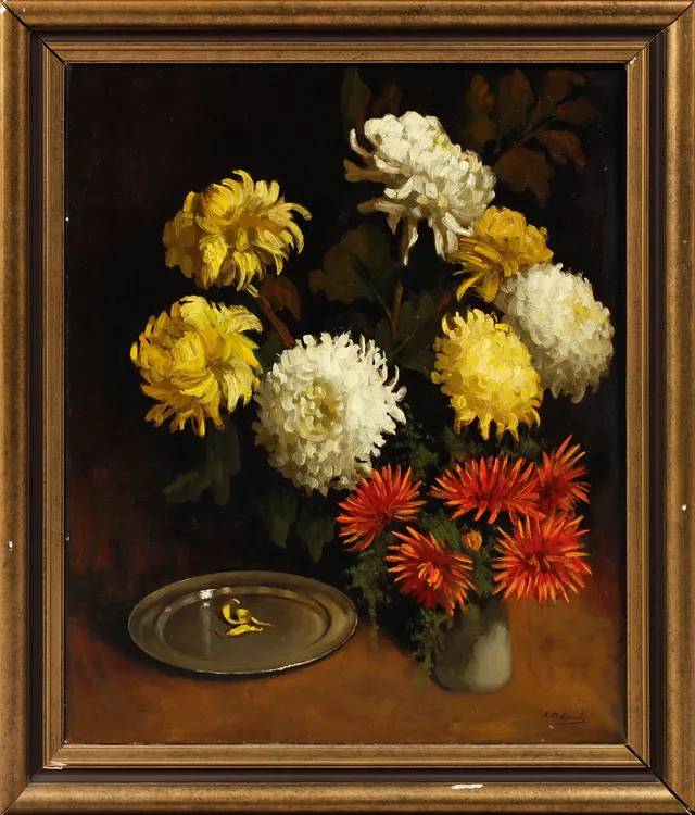 OIDENTIFIERAD KONSTNÄR. Blomsterstilleben, olja på duk, bär signatur.