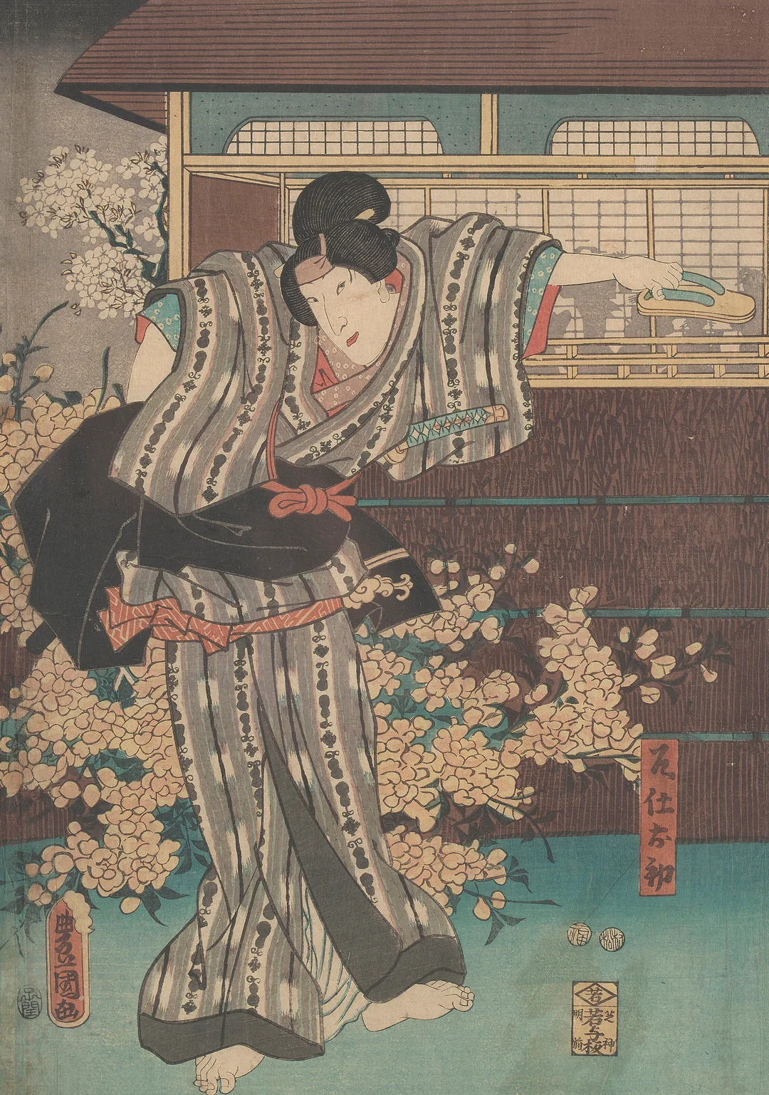 Kunisada, Utagawa — Kabuki skuespiller i blomstrende hage, 1852 — Gjenstand/Asiatiske gjenstander og porselen — Blomqvist