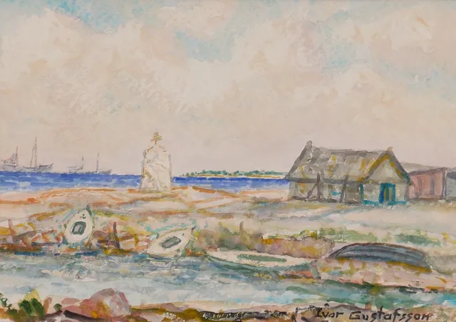 IVAR GUSTAFSSON. "Östra Länning - Ungskär", akvarell, signerad Ivar Gustafsson.