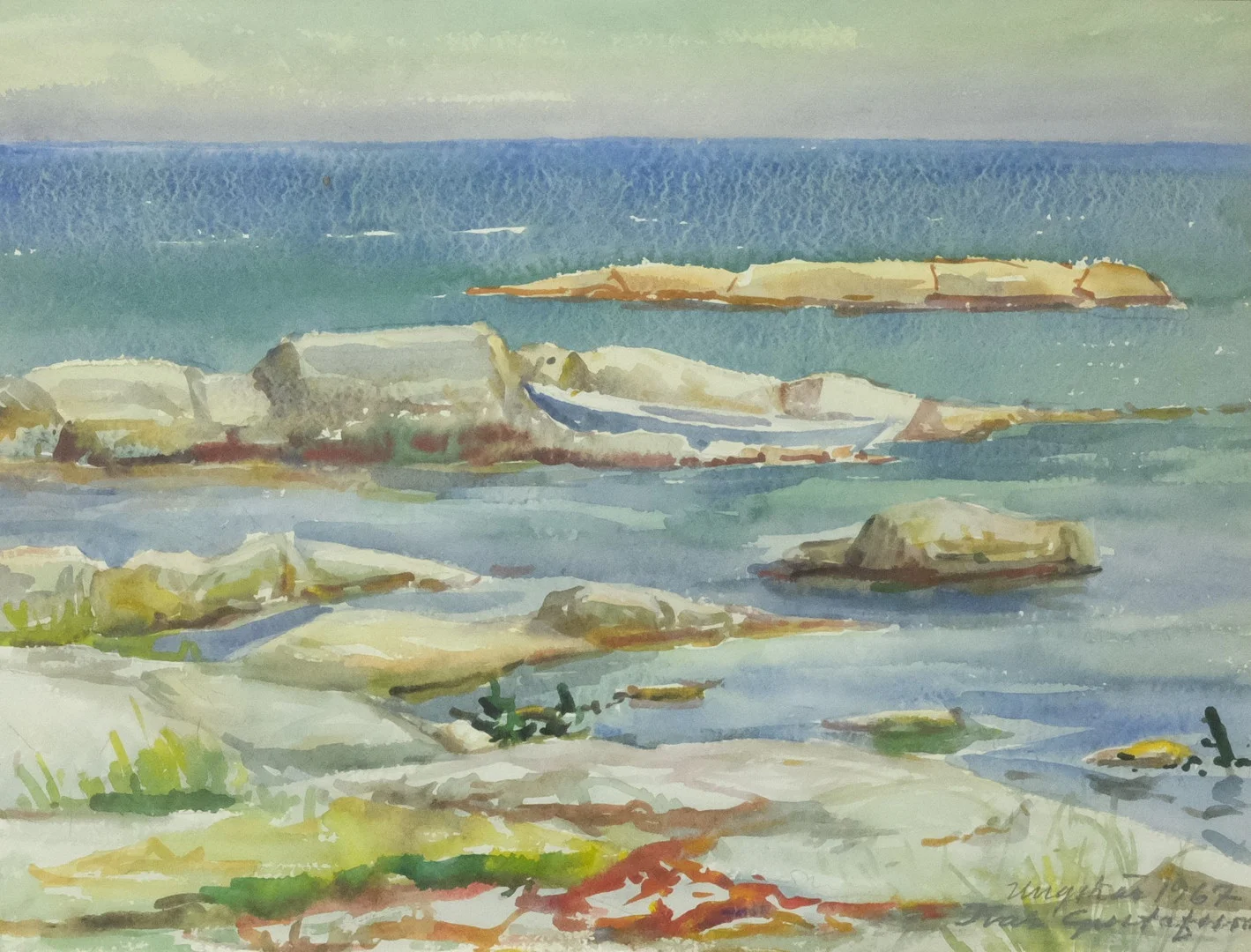 IVAR GUSTAFSSON. AKVARELL. KUSTMOTIV FRÅN UNGSKÄR. — Paintings — Björnssons Auktionskammare