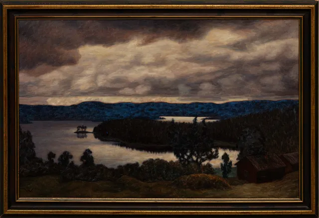 HILDING WERNER. olja, månsken över Krokvattnet, Värmland.