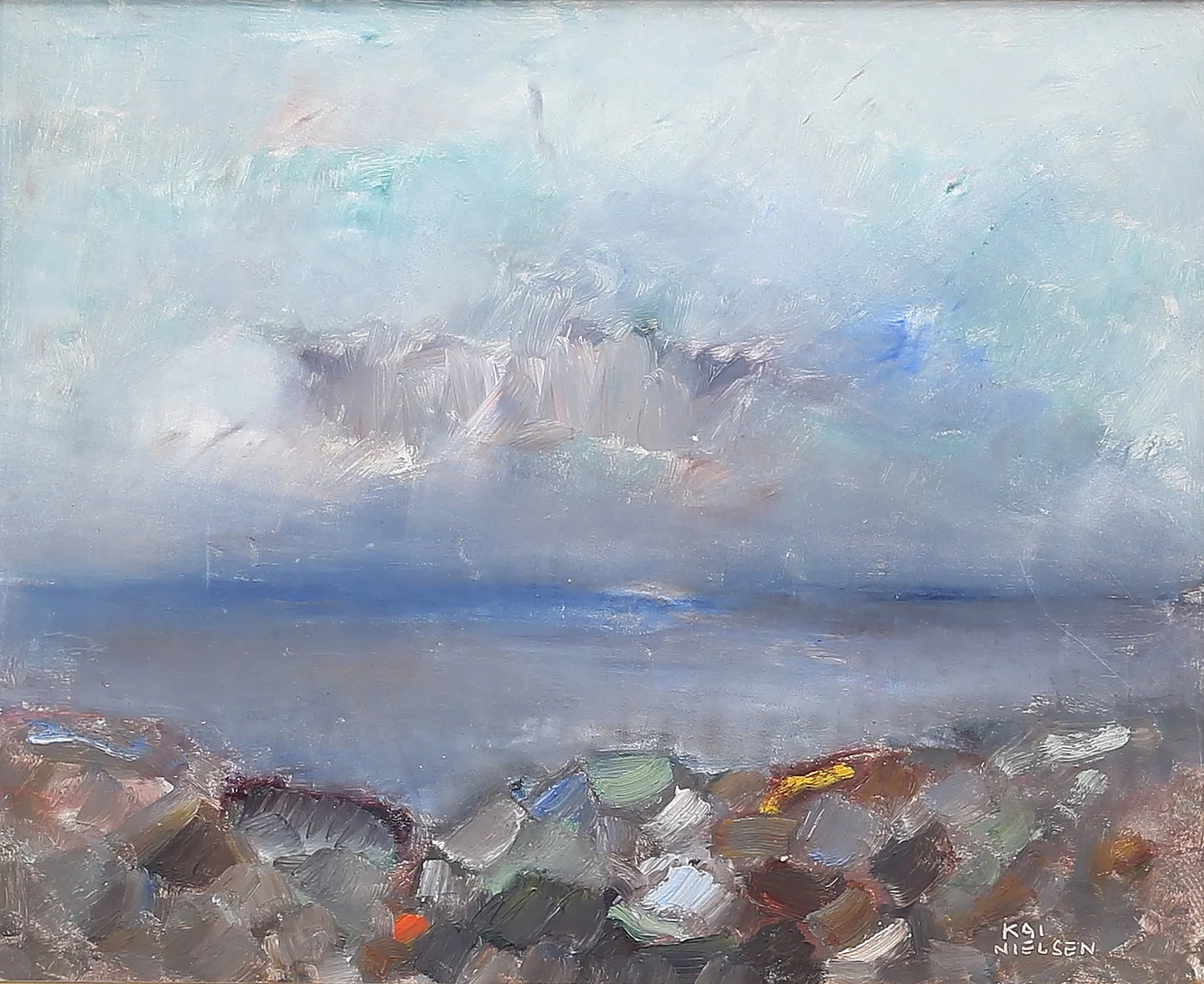 KAI NIELSEN. "Kustmotiv". Olja på pannå, signerad och daterad -73. — Paintings — Auktionshuset Thelin & Johansson