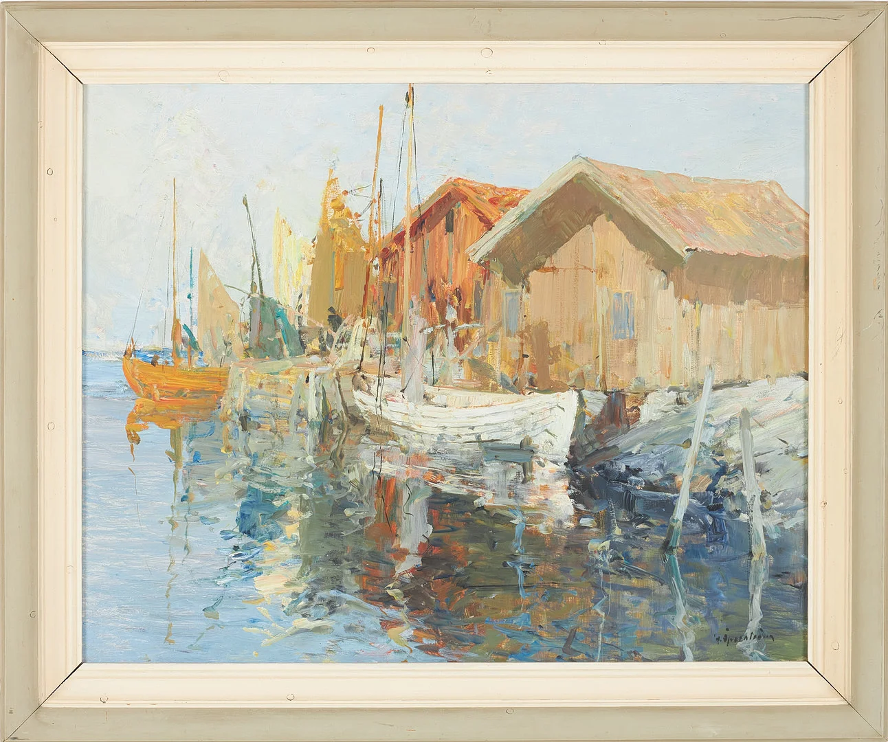 HUGO ÖFVERSTRÖM. Förtöjda segelbåtar, olja på duk, signerad. — Paintings — Stockholms Auktionsverk Sickla