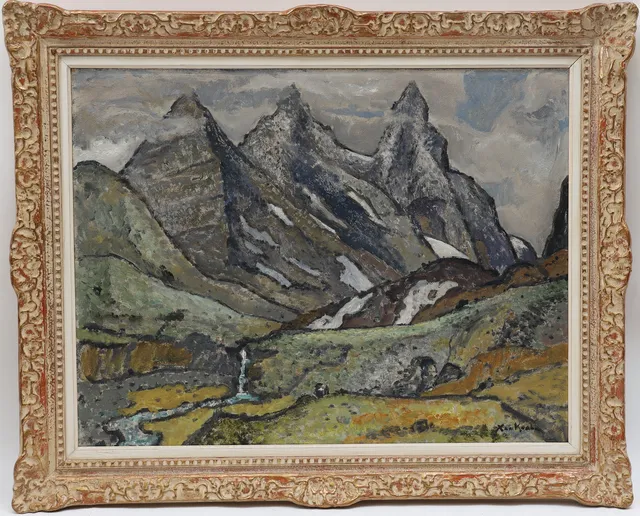XAN KROHN. "Bergslandskap" oljemålning på pannå, signerad.