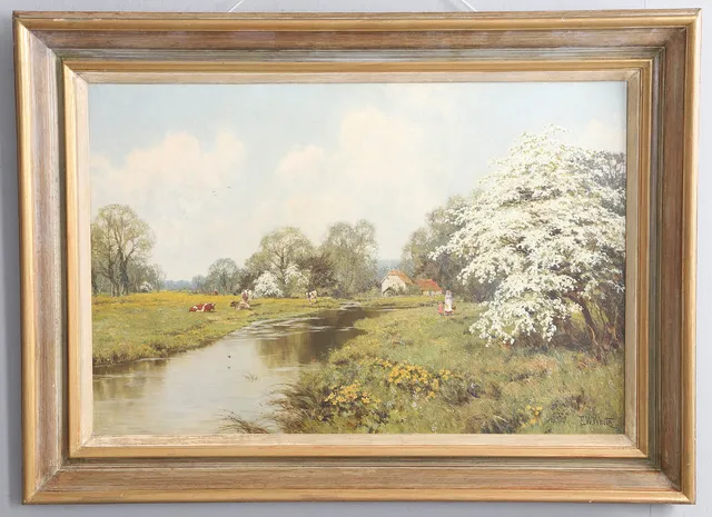EDWARD WILKINS WAITE (1854-1924). BLOSSOM TIME, A RIVER LANDSCAPE WITH MOTHER AND CHILD BESIDE A THATCHED MILL.