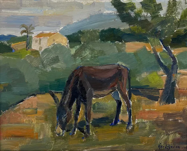 ÅKE LILJESON. Betande åsna. Olja på pannå. Signerad och daterad 1952.