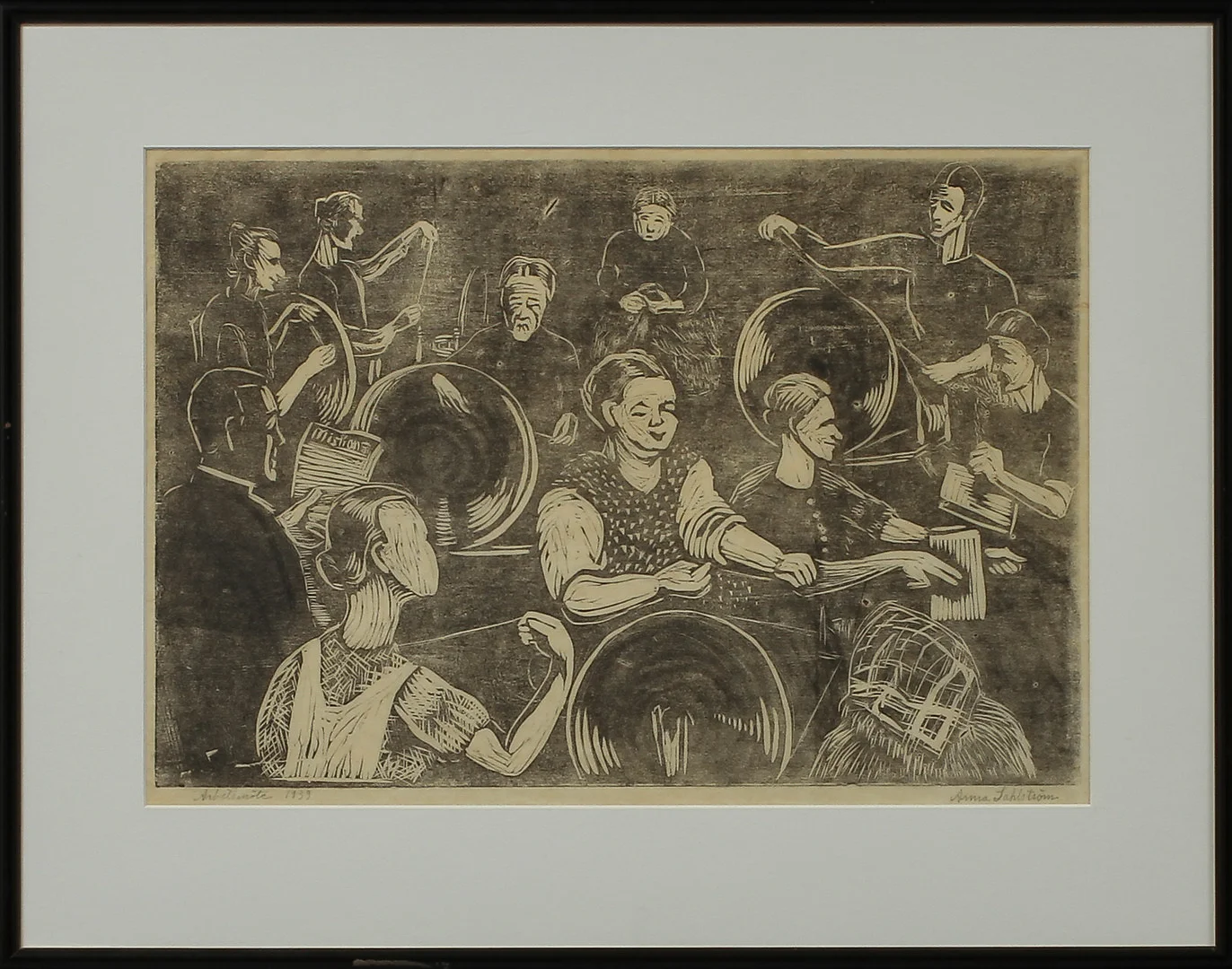 ANNA SAHLSTRÖM. "Arbetsmöte". Träsnitt, signerad och daterad 1939. — Engravings & Prints — Göteborgs Auktionsverk