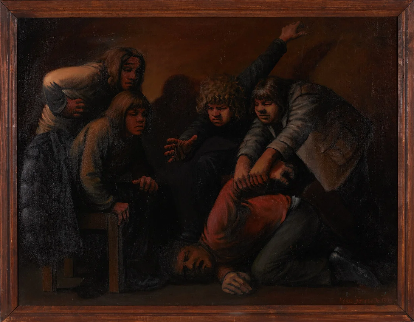 KJELL JÖRSTEDT (1943-2022). "Kamrater", olja på duk, signerad och daterad 1975. — Paintings — Stockholms Auktionsverk Sickla