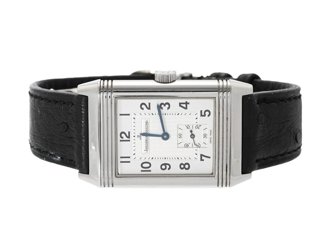 JAEGER-LE COULTRE, Reverso, Grande Taille, Cal 822, Serie nr. 2472173, Ref nr. Q2708410, Boett nr. 270.8.62, herrur, 26 x 36,5 (42,3) mm, stål, manuell, safirglas, liten sekundvisare, läderband, viklås, ca 2007, box (skadad). — Klockor/Jaeger-Le Coultre — Kaplans