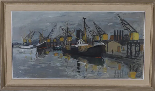 GUSTAF ADOLF FAHLE. Olja på duk, " Kajen från hamnbron Norrköping", hamnmotiv, signerad och daterad -55.