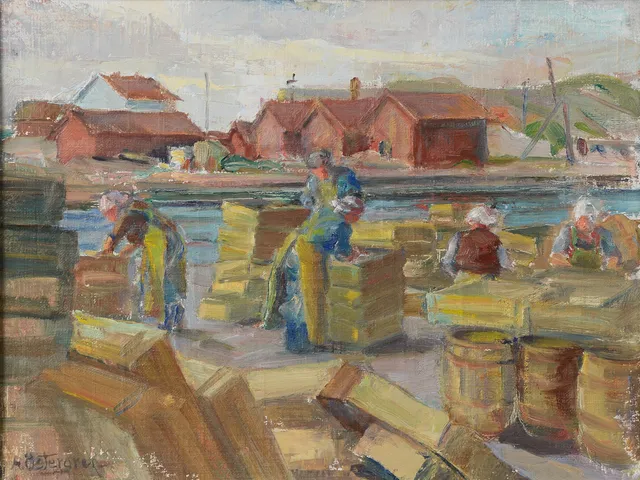 HARALD ÖSTERGREN. Hamnmotiv i Orust, olja på pannå, signerad.