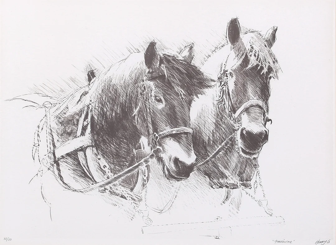 HENRY GUSTAFSSON. "Parhästar". Litografi, signerad och numrerad 72/80. — Engravings & Prints — Auktionshuset Thelin & Johansson
