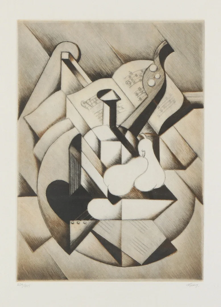 GEORG NILSSON. Etsning, 224/225. Kubistiskt stilleben. Signerad. — Engravings & Prints — Skånes Auktionsverk