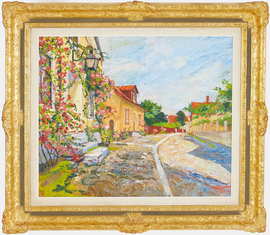 KARL DAHLQVIST. Visby, olja på pannå, signerad. — Paintings — Stockholms Auktionsverk Sickla