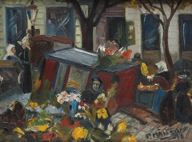 PER MÅNSSON. olja på pannå, Blomstermarknad på Højbro Plads Köpenhamn, signerad P Månson, daterad 1918.