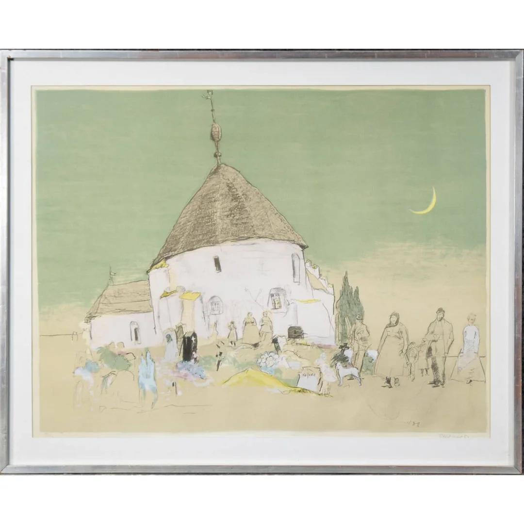Oluf Høst. Scene at Østerlar round church. Framed lithograph (cd) — Paintings and sculptures/Prints and photography — Lauritz