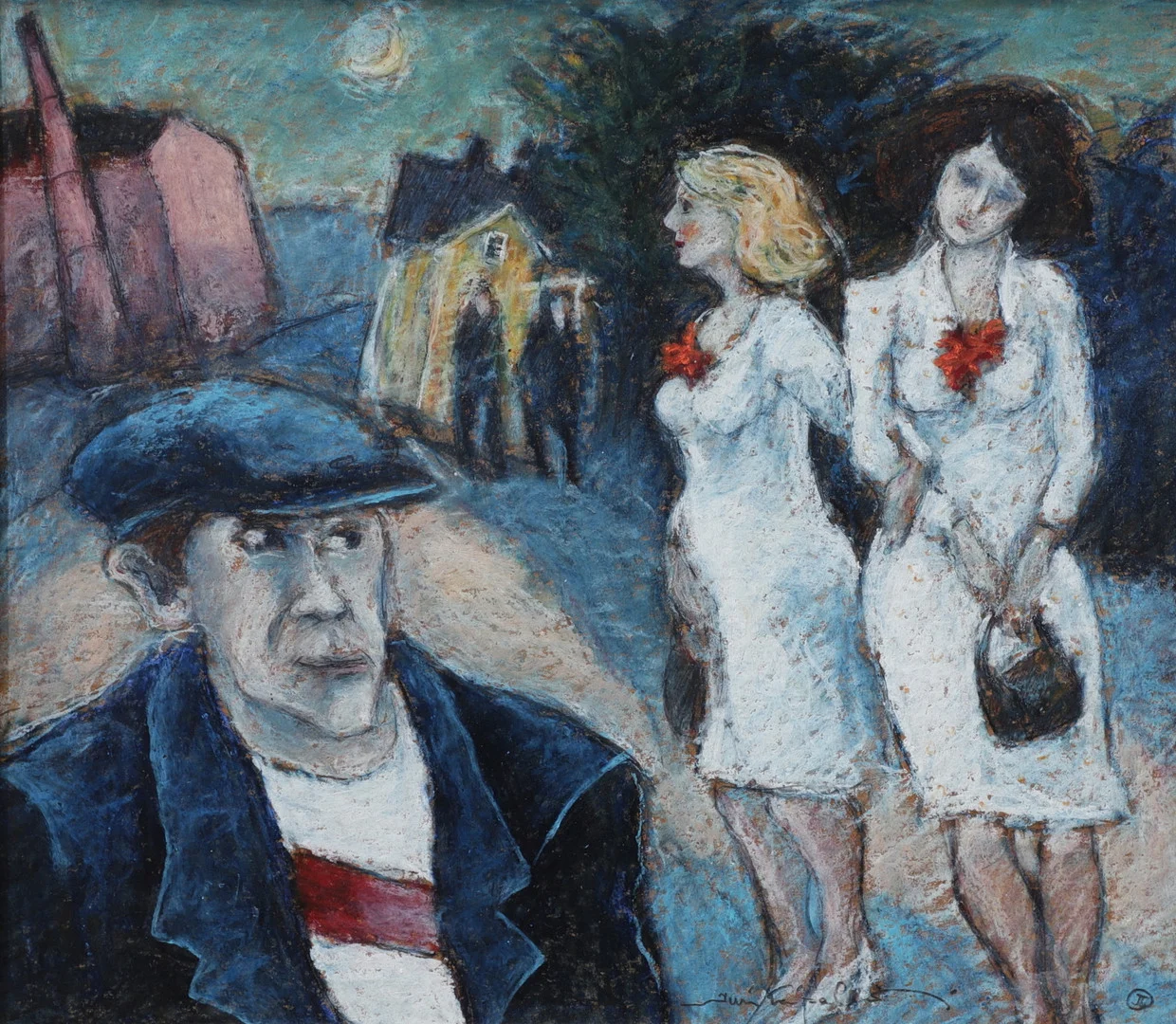 JUSSI TAIPALEENMÄKI. "Två flickor", olja på pannå, signerad och daterad. — Paintings — Växjö Auktionskammare
