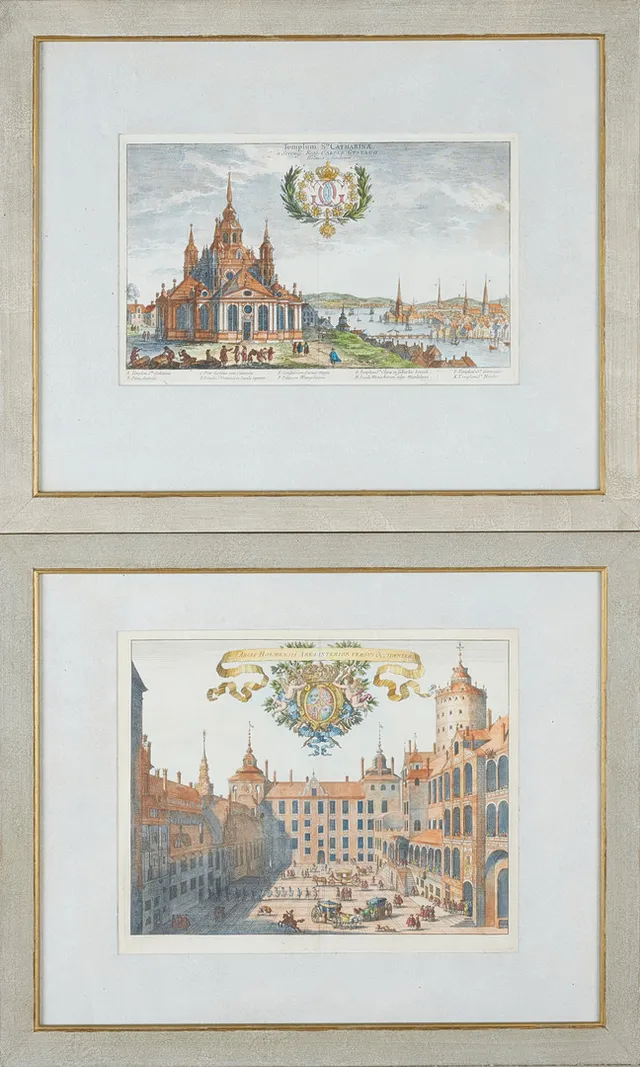 ERIK DAHLBERG. Handkolorerade kopparstick ur Suecia Antiqua, 1700-tal.
