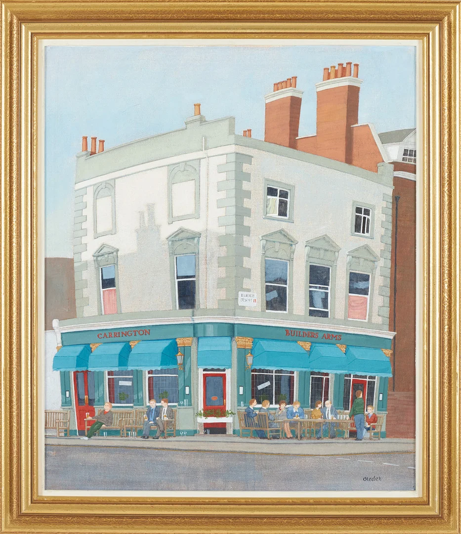 ULF GREDER. "The Builders Arms", husmotiv från London, olja på duk uppfordrad på pannå, signerad. — Paintings — Stockholms Auktionsverk Sickla
