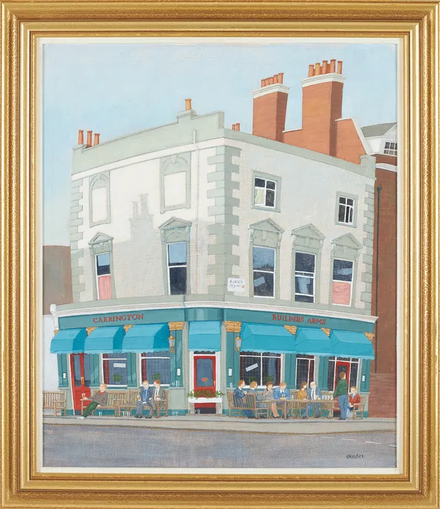 ULF GREDER. "The Builders Arms", husmotiv från London, olja på duk uppfordrad på pannå, signerad.