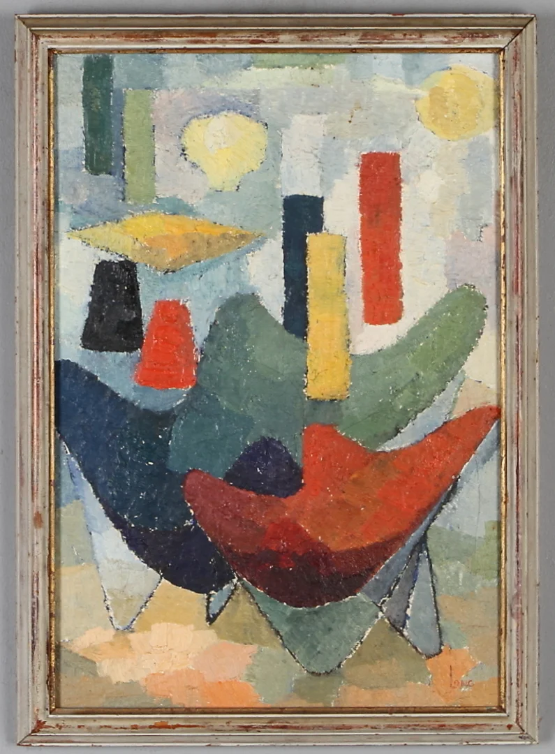 GÖTE LONG. "Komposition med läderlappsfåtöljer och armaturer", olja på duk, signerad Long. — Paintings — Auktionshuset Kolonn