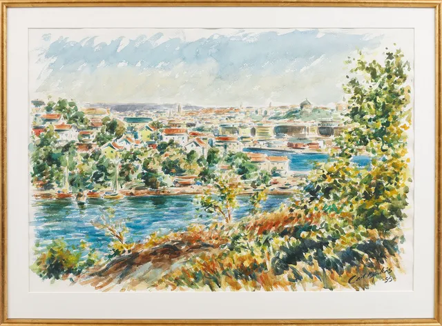 CARL BJERKÅS. Vy mot Slottsberget, Göteborg. Akvarell, signerad och daterad -95.