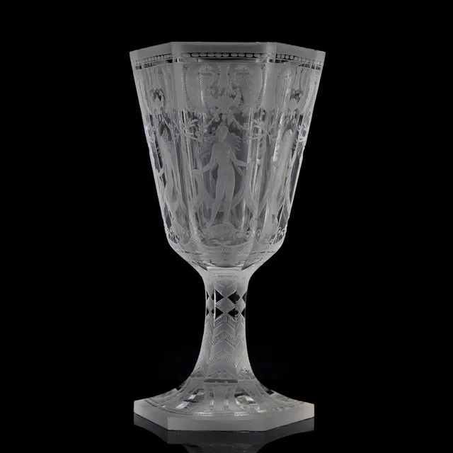 SIMON GATE. POKAL "Sex Gracer" glas, Orrefors, graverad, signerad, utförd 1955.
