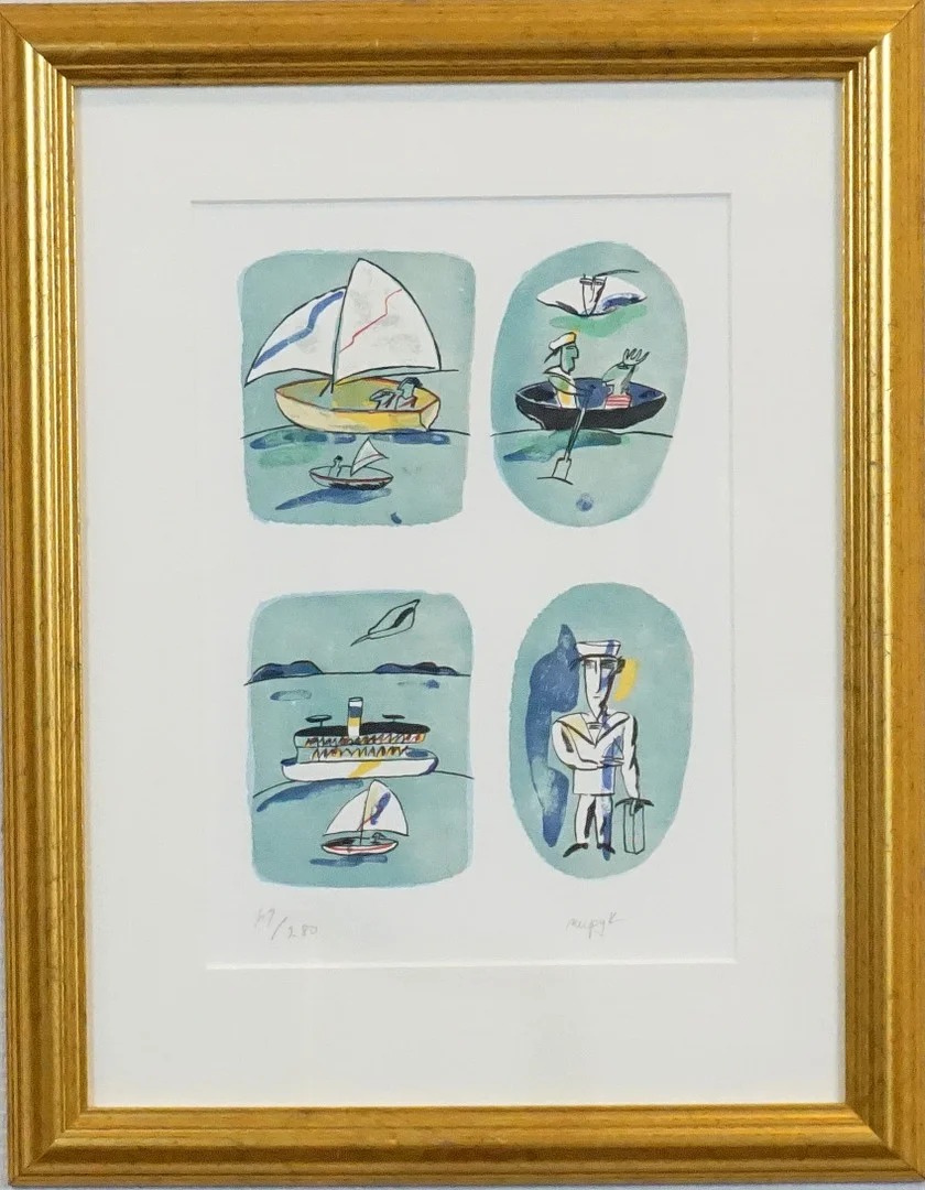 MADELEINE PYK. Färglitografi, Sjömän och båtar, signerad M Pyk samt numrerad 69/280. — Engravings & Prints — Roslagens Auktionsverk