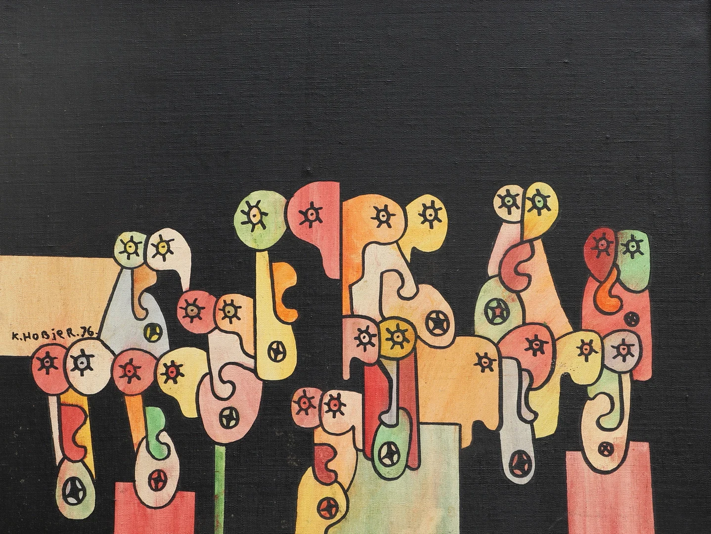 KJELL HOBJER. Olja på duk uppspänd på pannå, "Ni vill det vi inte vill?", signerad och daterad 76. — Paintings — Ekenbergs Auktioner